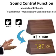 Voice-Activated LED Alarm Clock, Wooden Design