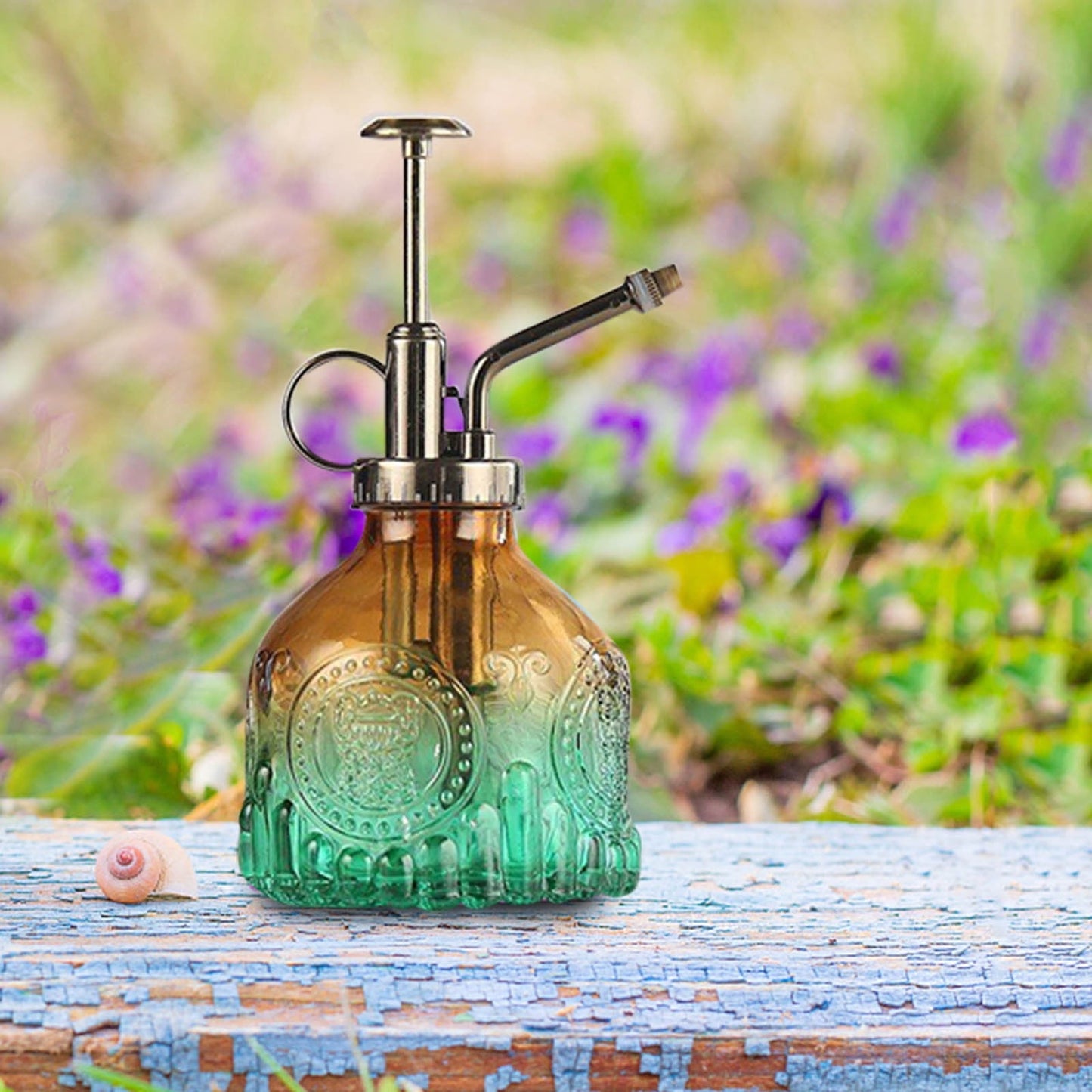 Vintage Embossed Glass Bottle, Metal Nozzle