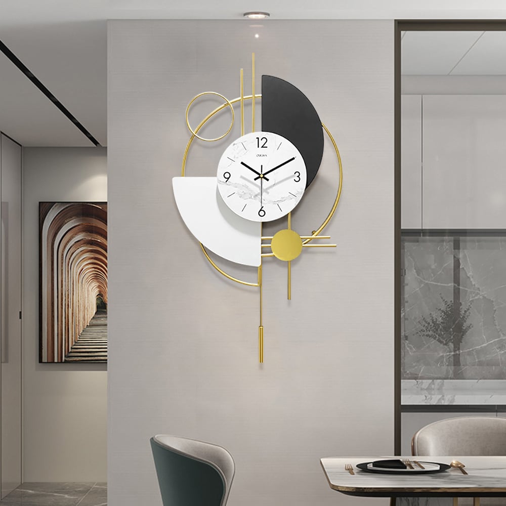 Horloge murale 3D en métal avec pendule, design rond et silencieux