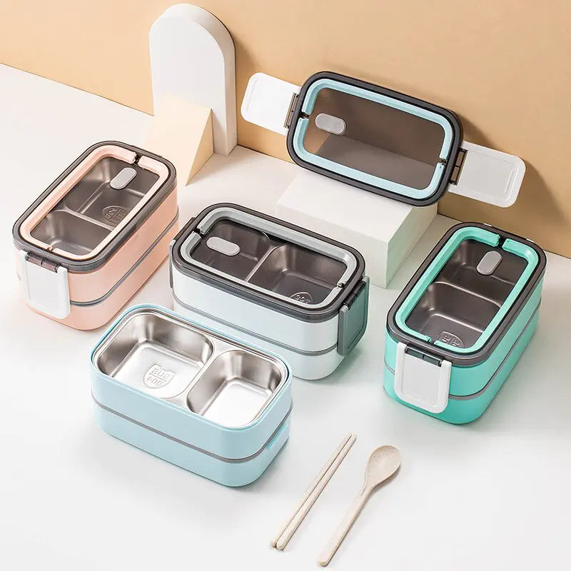Dual-Layer Stainless Steel Bento Box, Secure Locking Lid