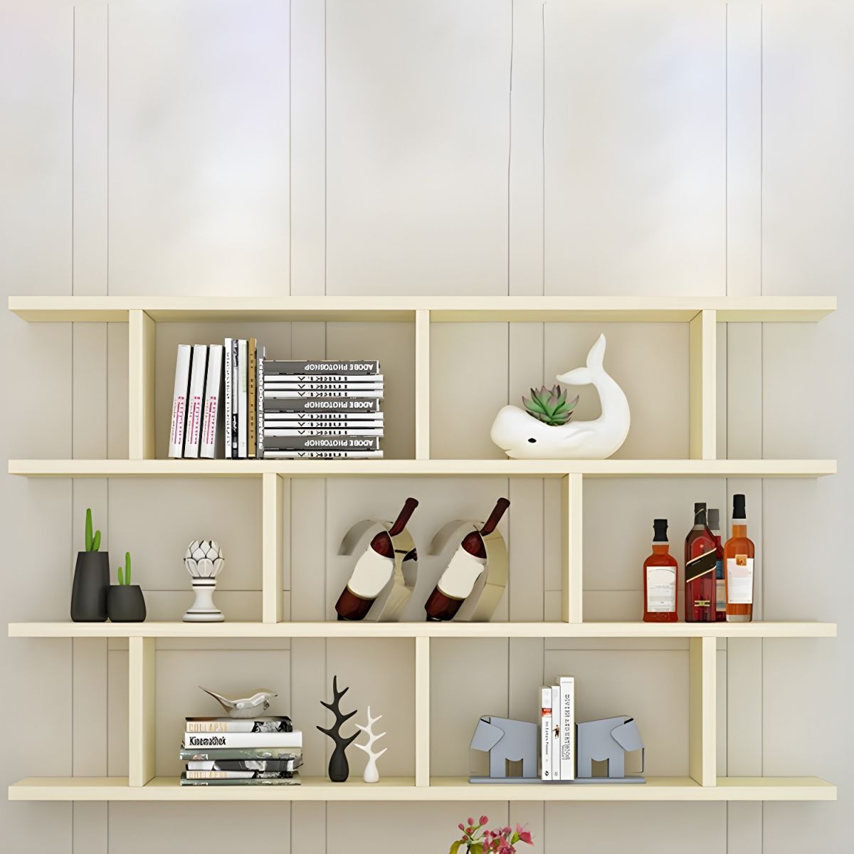 Modern Wall-Mounted Open Bookcase  Slim Engineered Wood Shelf Unit
