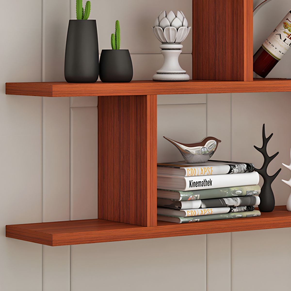 Modern Wall-Mounted Open Bookcase  Slim Engineered Wood Shelf Unit