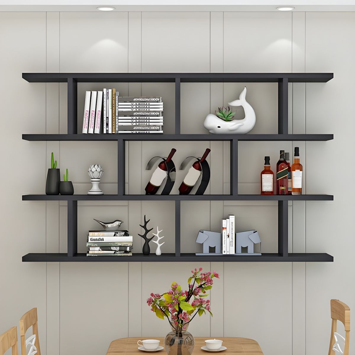 Modern Wall-Mounted Open Bookcase  Slim Engineered Wood Shelf Unit
