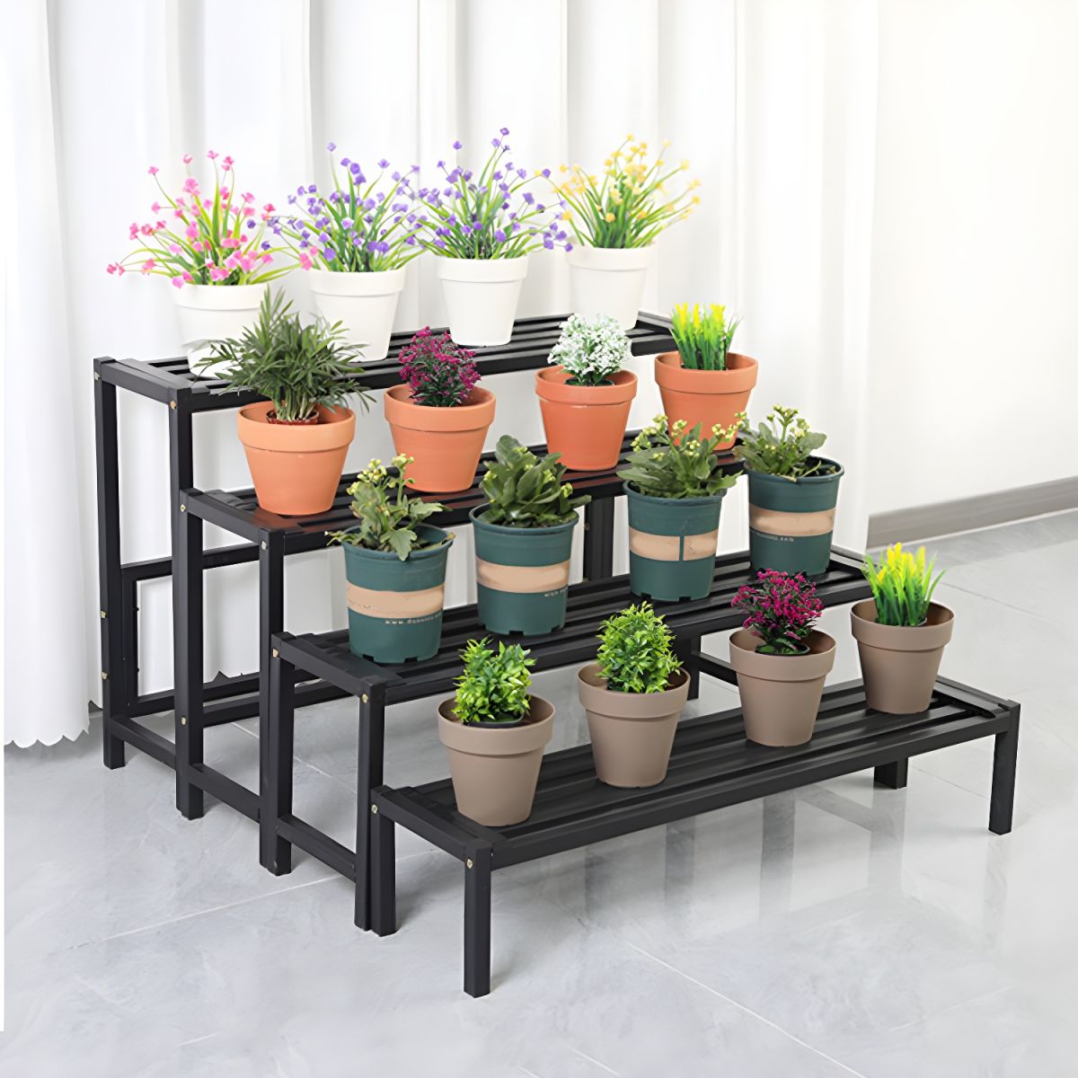 Support à plantes rectangulaire en métal noir à 4 niveaux, étanche, avec pieds