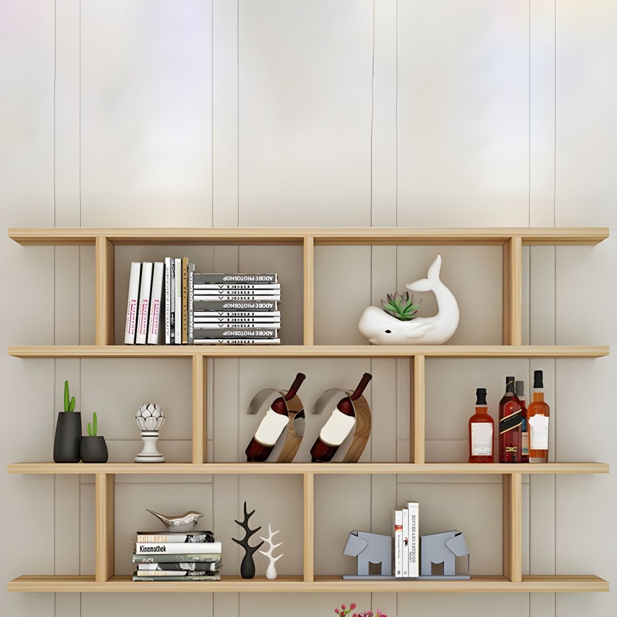 Modern Wall-Mounted Open Bookcase  Slim Engineered Wood Shelf Unit