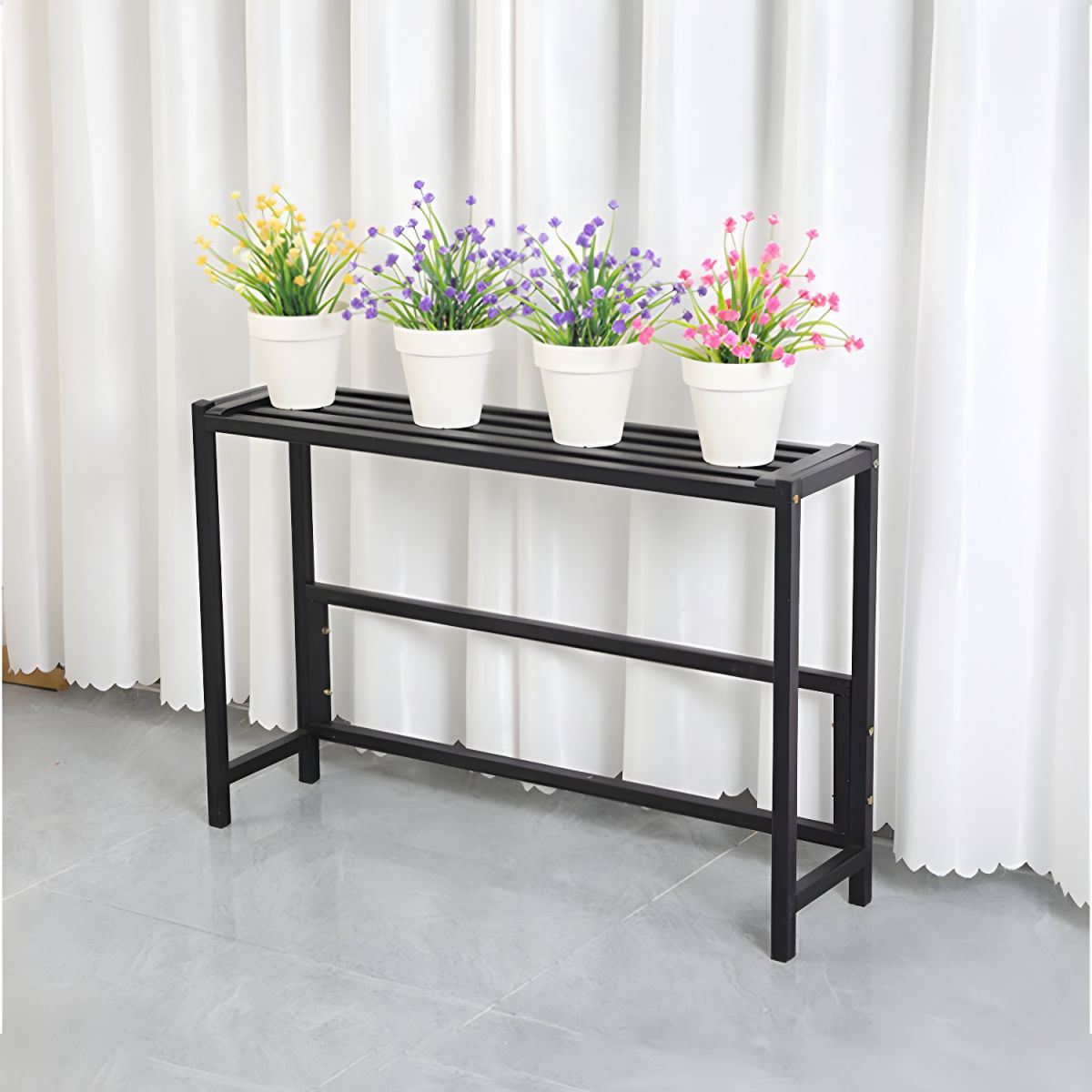 Support à plantes rectangulaire en métal noir à 4 niveaux, étanche, avec pieds