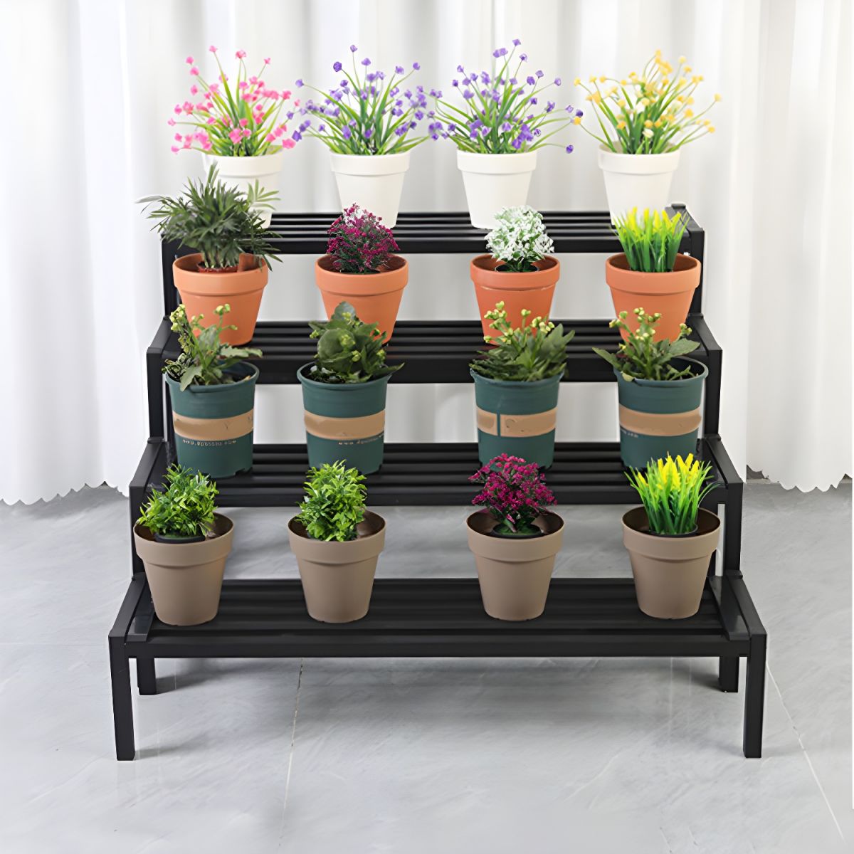 Support à plantes rectangulaire en métal noir à 4 niveaux, étanche, avec pieds