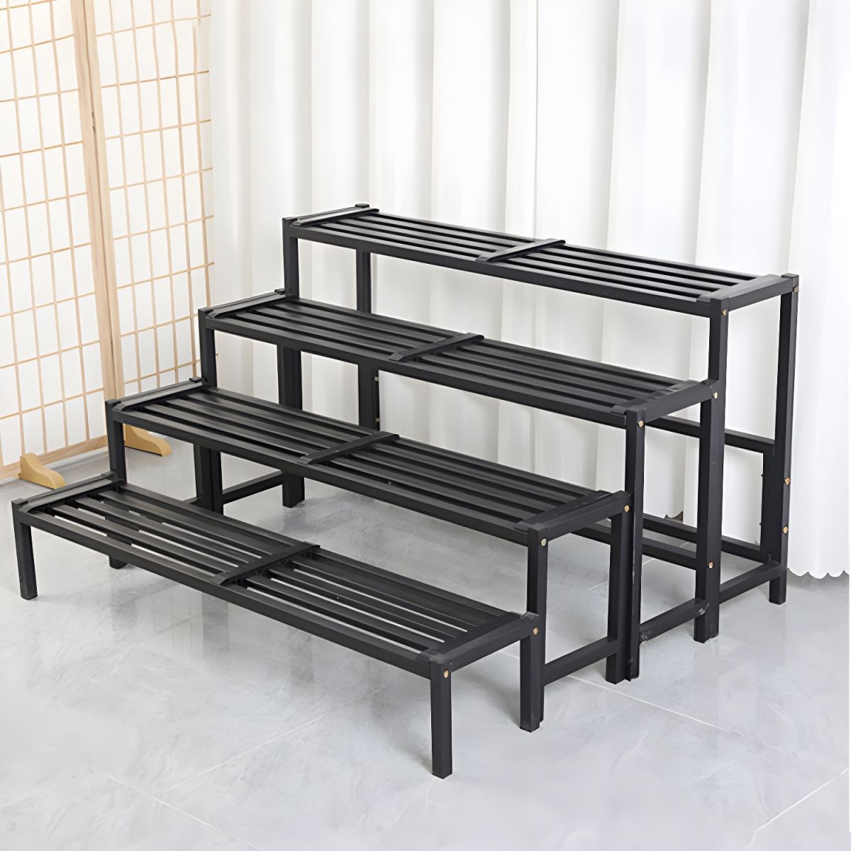 Support à plantes rectangulaire en métal noir à 4 niveaux, étanche, avec pieds