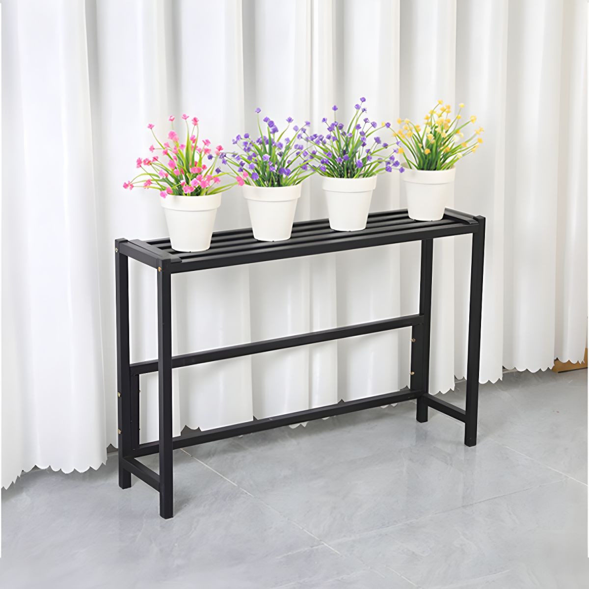 Support à plantes rectangulaire en métal noir à 4 niveaux, étanche, avec pieds