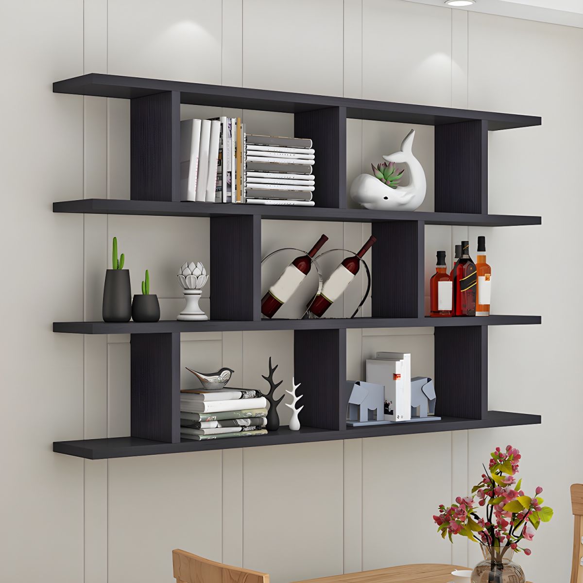 Modern Wall-Mounted Open Bookcase  Slim Engineered Wood Shelf Unit