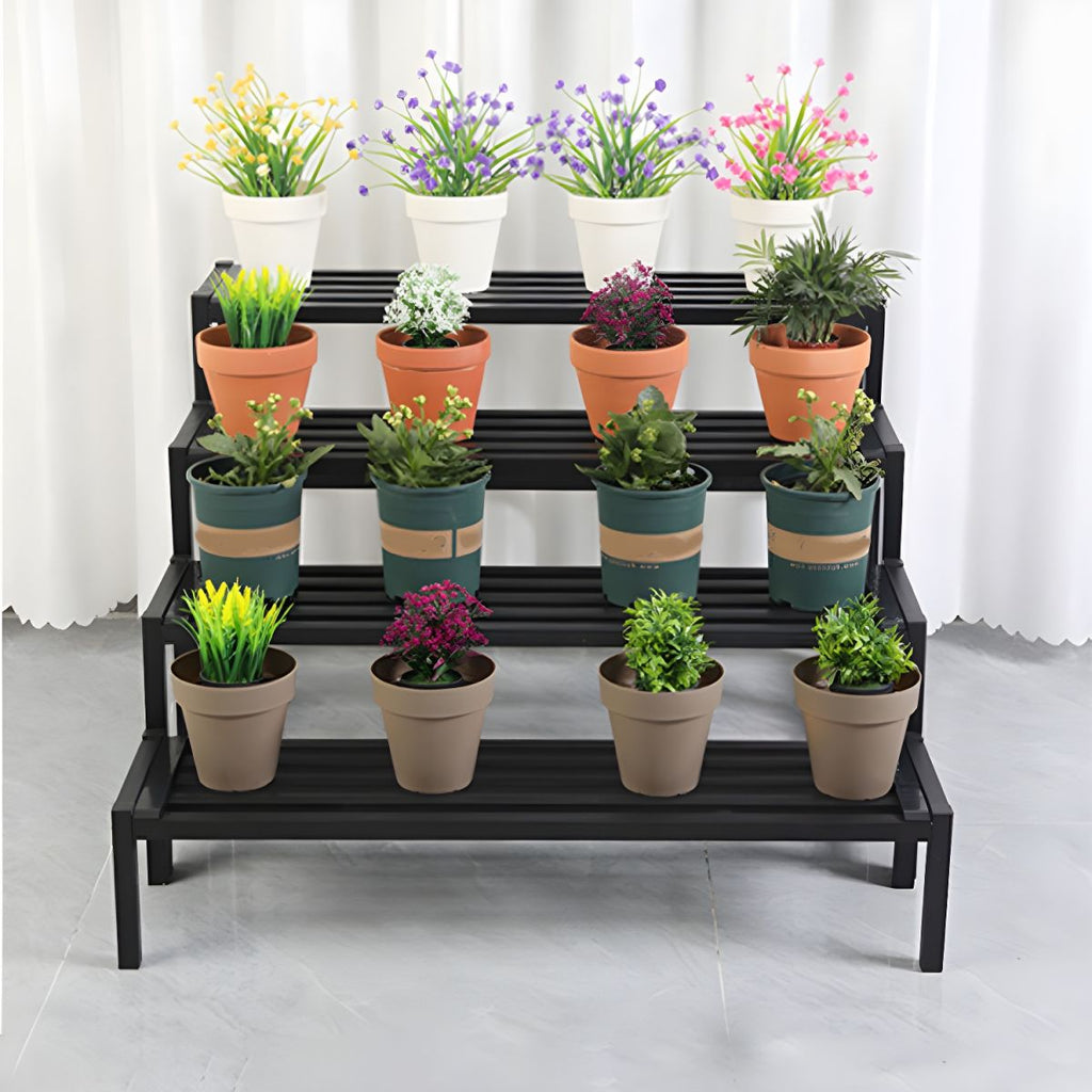 Support à plantes rectangulaire en métal noir à 4 niveaux, étanche, avec pieds