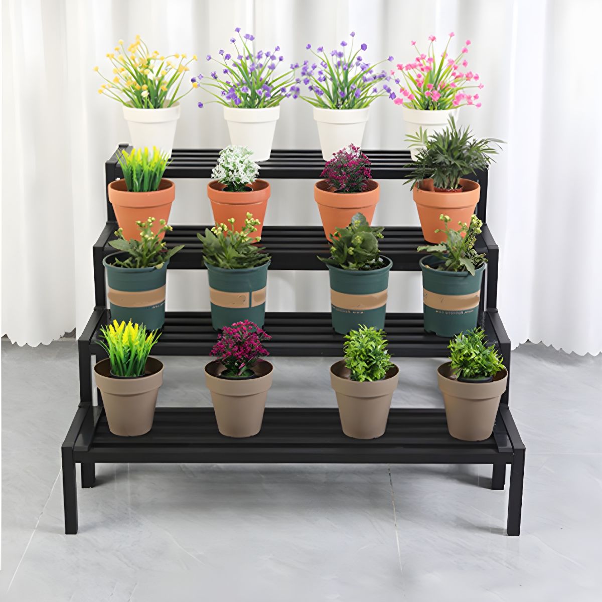 Support à plantes rectangulaire en métal noir à 4 niveaux, étanche, avec pieds