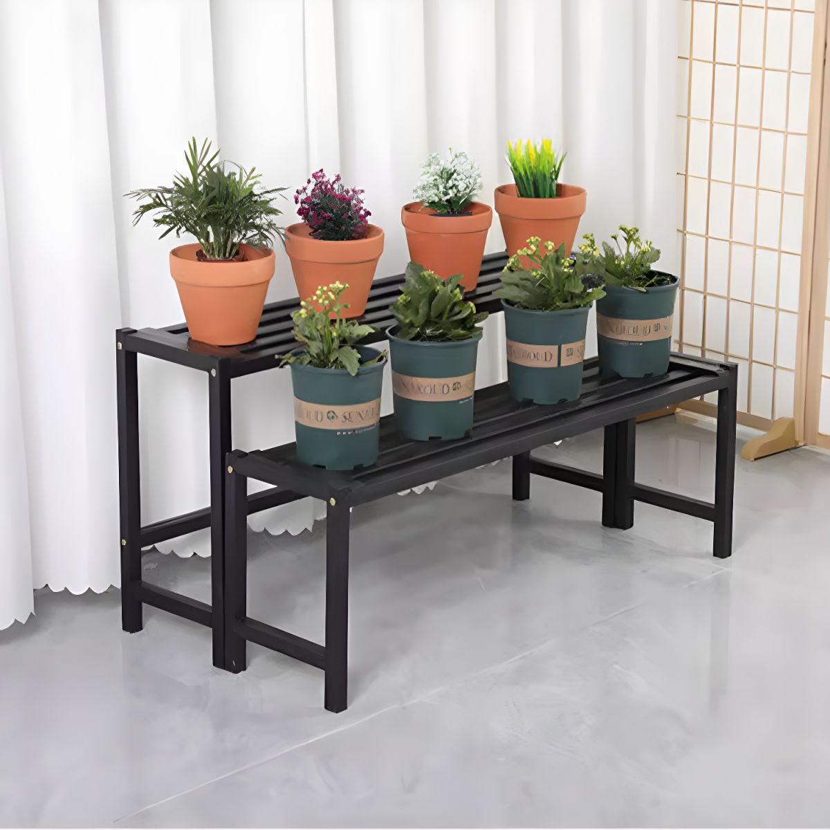 Support à plantes rectangulaire en métal noir à 4 niveaux, étanche, avec pieds