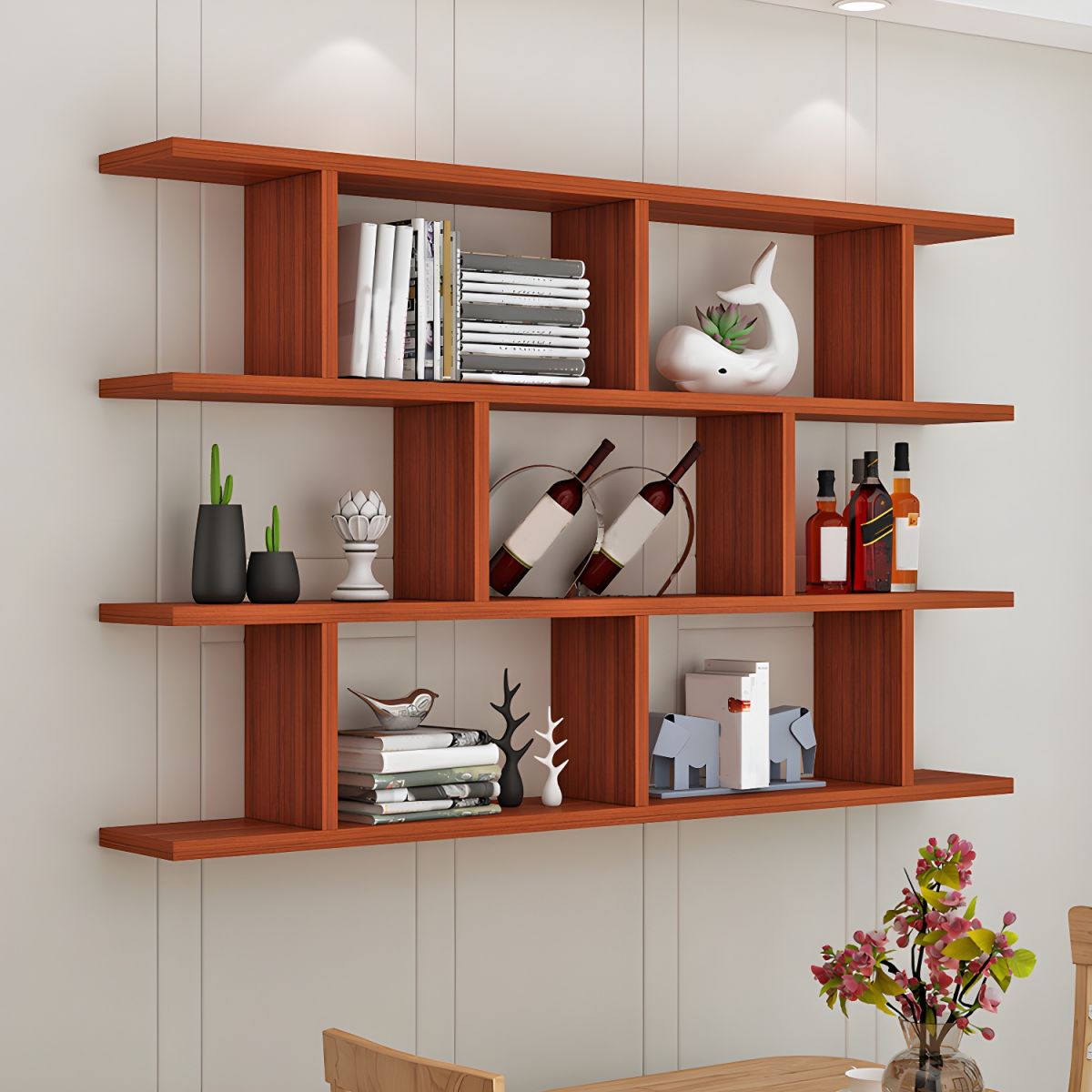 Modern Wall-Mounted Open Bookcase  Slim Engineered Wood Shelf Unit
