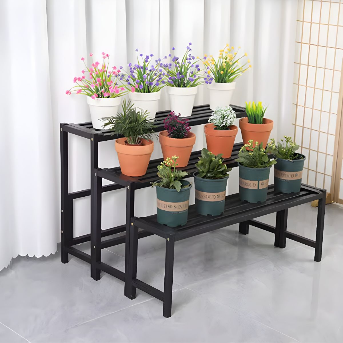 Support à plantes rectangulaire en métal noir à 4 niveaux, étanche, avec pieds