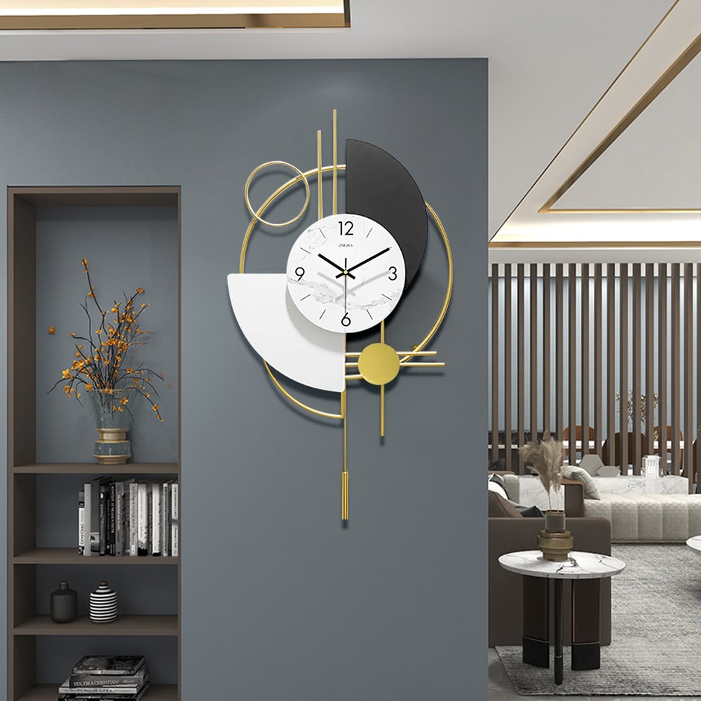 Horloge murale 3D en métal avec pendule, design rond et silencieux