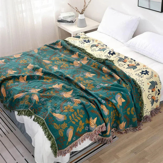 Reversible Scandinavian Throw, Bird Print Design