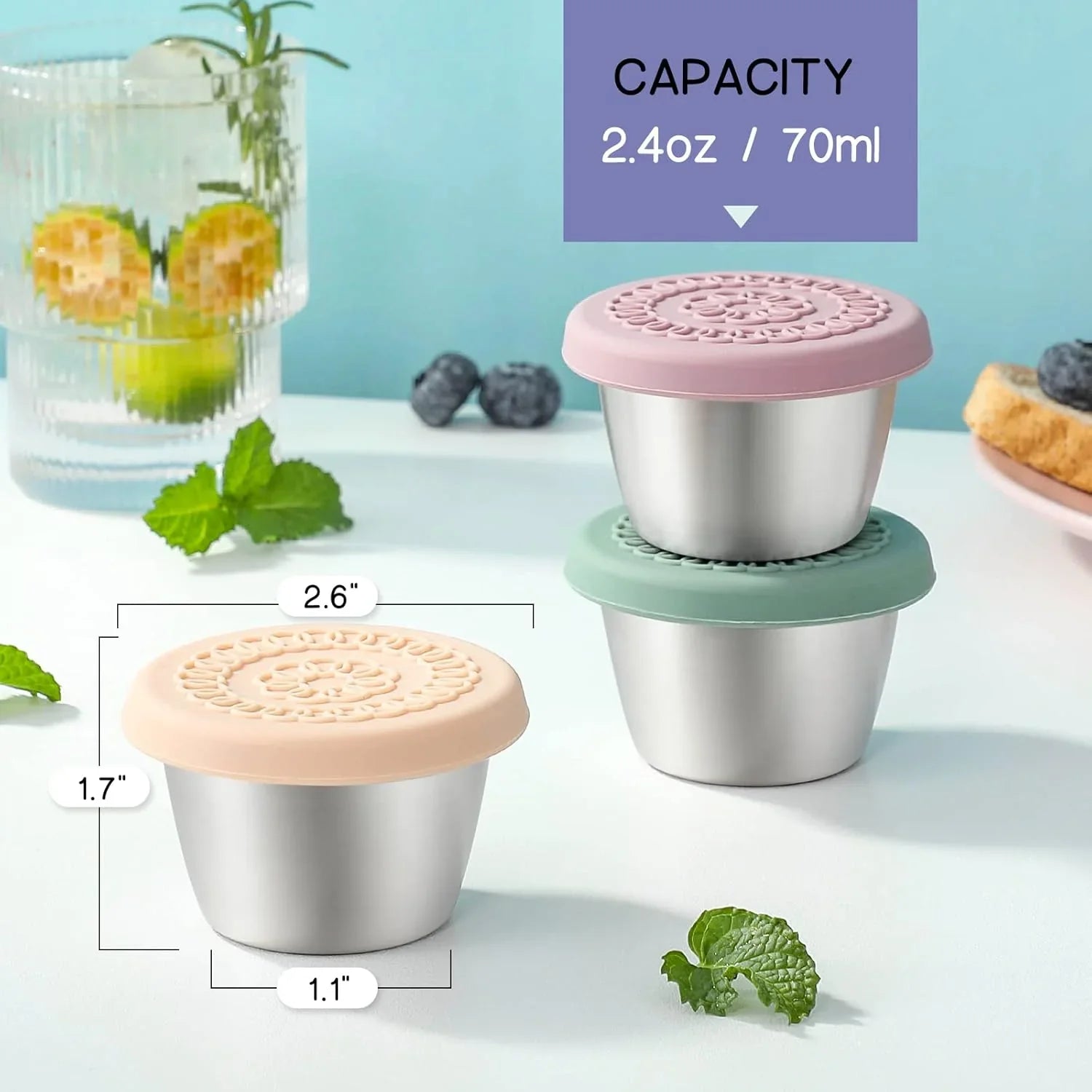 Sealable stainless steel sauce containers, durable design (set of 6)