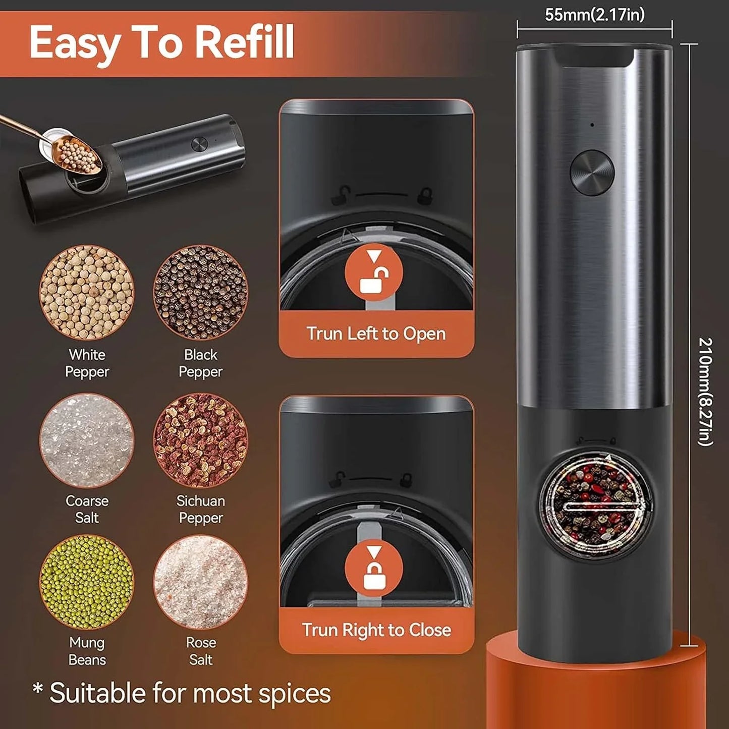 Sleek Electric Salt and Pepper Mill, Rechargeable Design