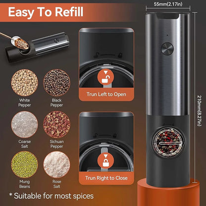 Sleek Electric Salt and Pepper Mill, Rechargeable Design