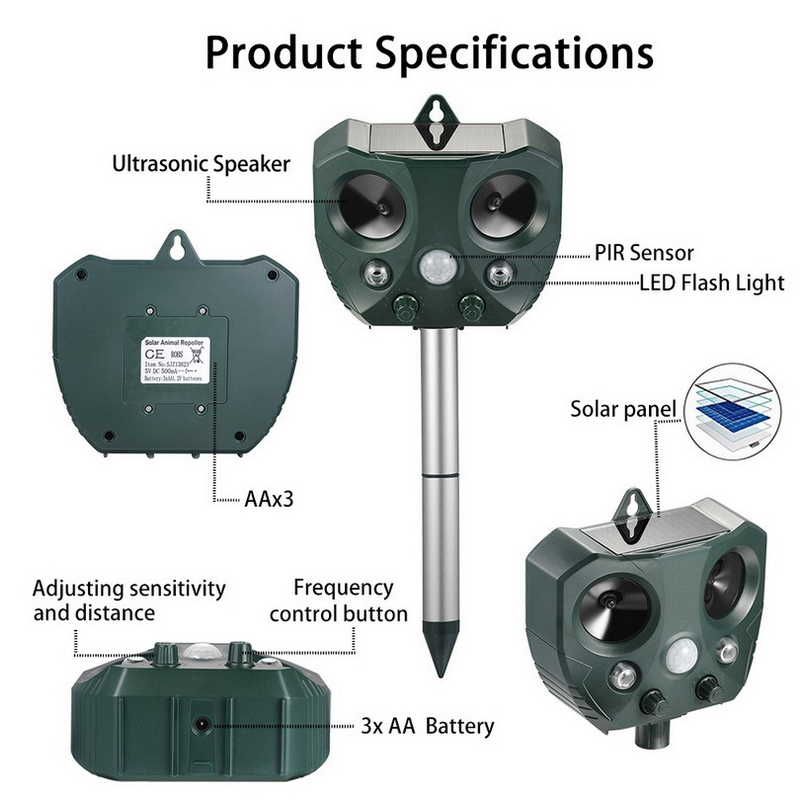 Solar-Powered Ultrasonic Repeller, Effective Animal Deterrent