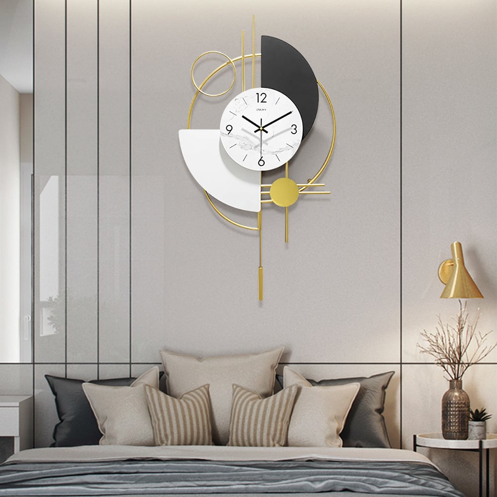 Horloge murale 3D en métal avec pendule, design rond et silencieux