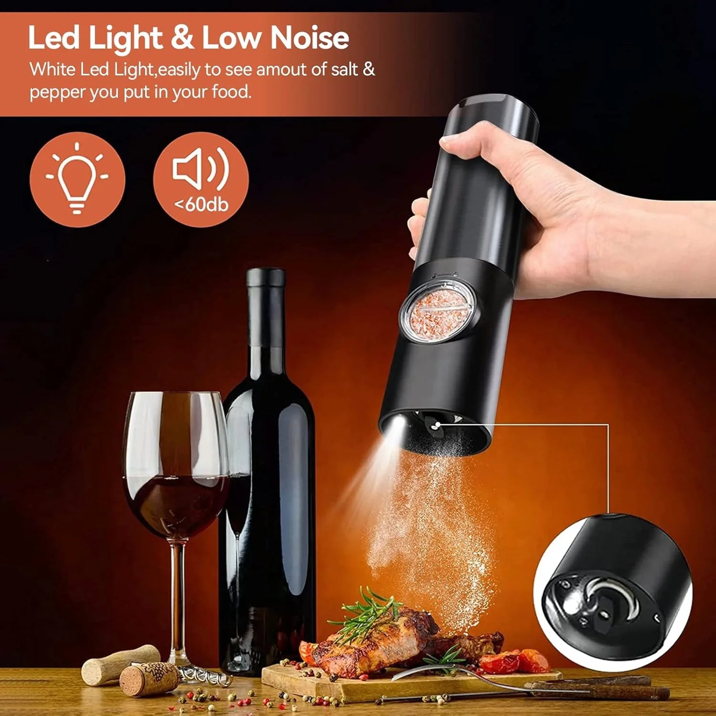 Sleek Electric Salt and Pepper Mill, Rechargeable Design