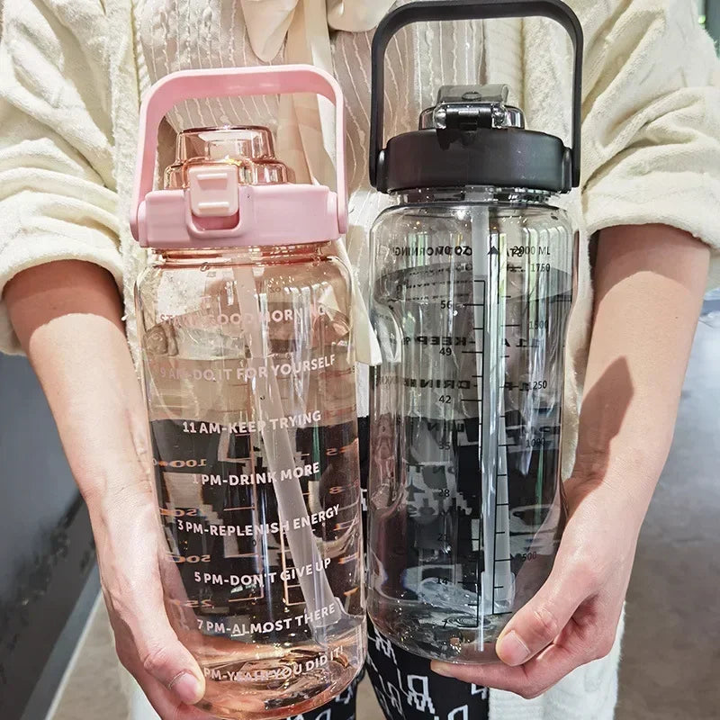 Large Capacity Water Bottle, Portable with Time Markers and Straw