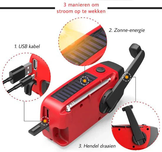 Portable Solar Radio, Multi-Functional Dynamo with Power Bank and LED Flashlight