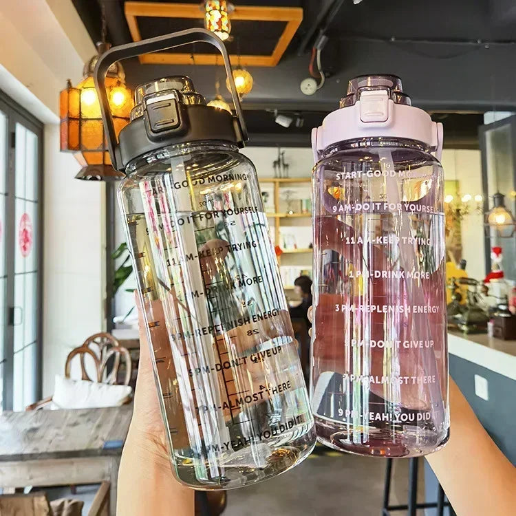 Large Capacity Water Bottle, Portable with Time Markers and Straw