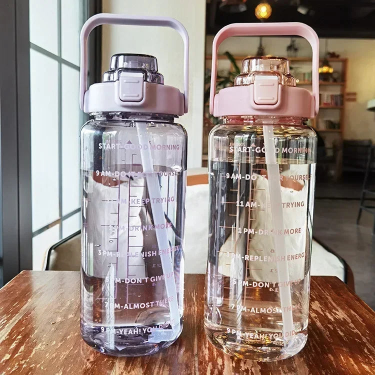 Large Capacity Water Bottle, Portable with Time Markers and Straw