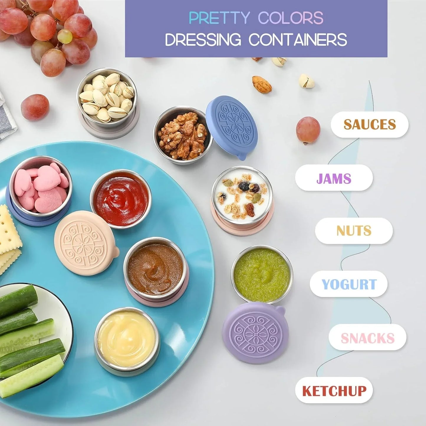 Sealable stainless steel sauce containers, durable design (set of 6)