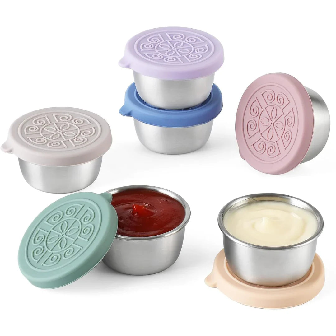 Sealable stainless steel sauce containers, durable design (set of 6)