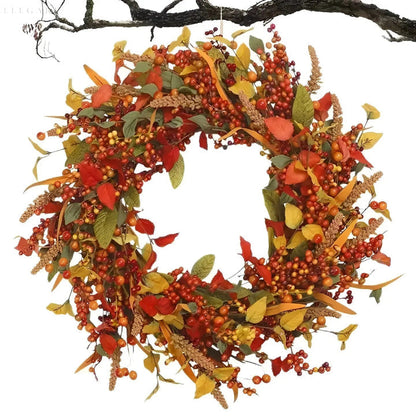 Autumn-Inspired Rattan Wall Wreath, Berry and Leaf Accents