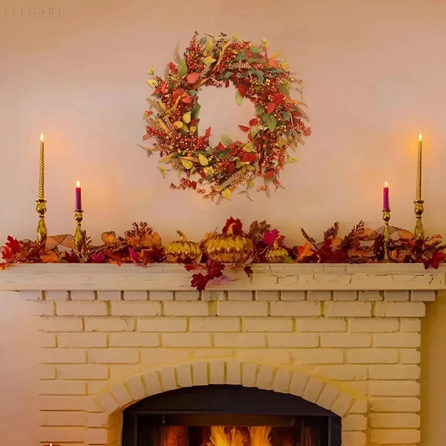 Autumn-Inspired Rattan Wall Wreath, Berry and Leaf Accents