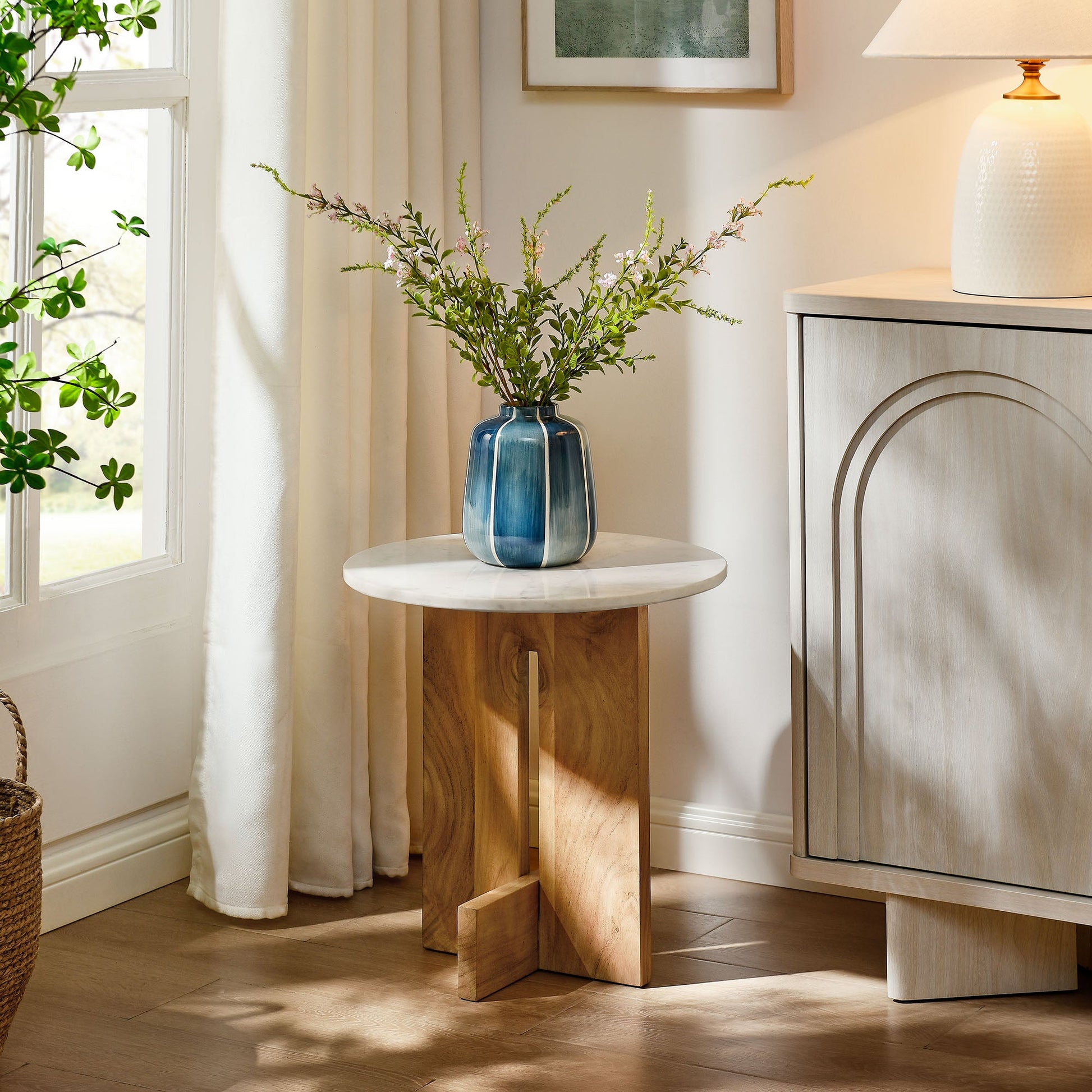 Tarin Acacia Wood and Marble Side Table