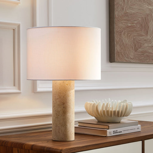 Zenith Travertine Table Lamp With Fabric Drum Shade