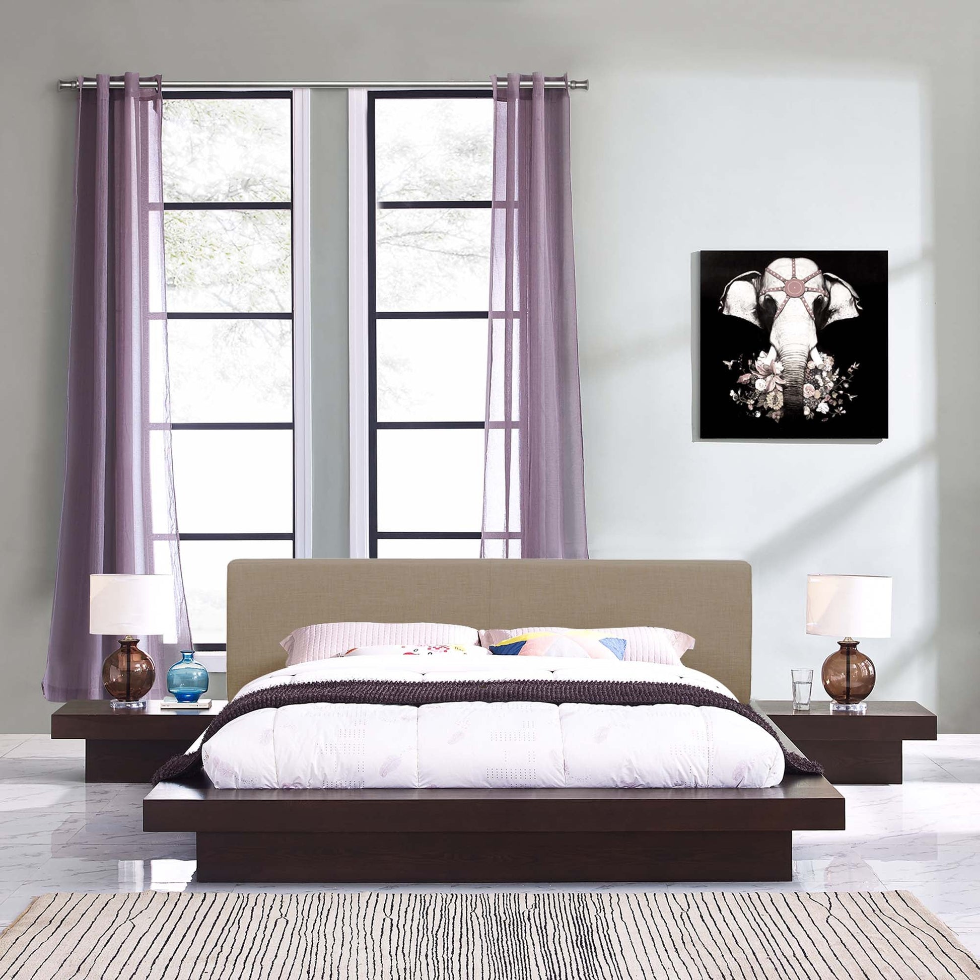 Ensemble de chambre à coucher Freja 3 pièces en tissu avec lit Queen Size