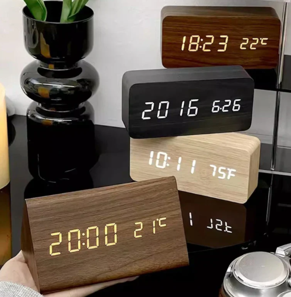 Voice-Activated LED Clock, Wooden Design