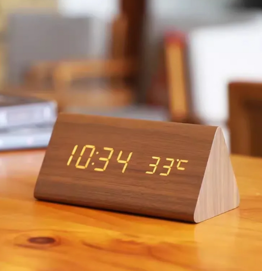 Voice-Activated LED Alarm Clock, Wooden Design