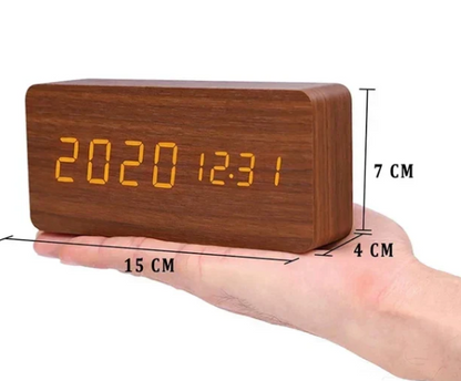 Voice-Activated LED Alarm Clock, Wooden Design