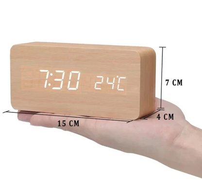 Voice-Activated LED Alarm Clock, Wooden Design