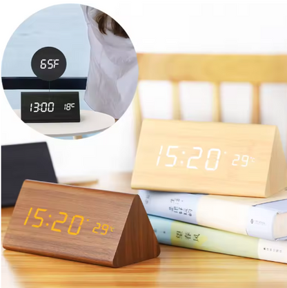 Voice-Activated LED Alarm Clock, Wooden Design
