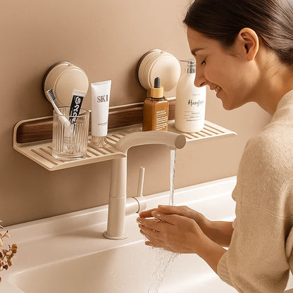 Suction Cup Bathroom Sink Shelf, Walnut Finish