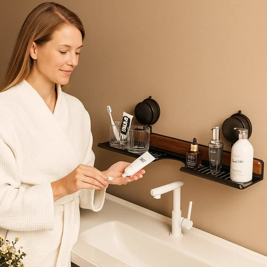 Suction Cup Bathroom Sink Shelf, Walnut Finish