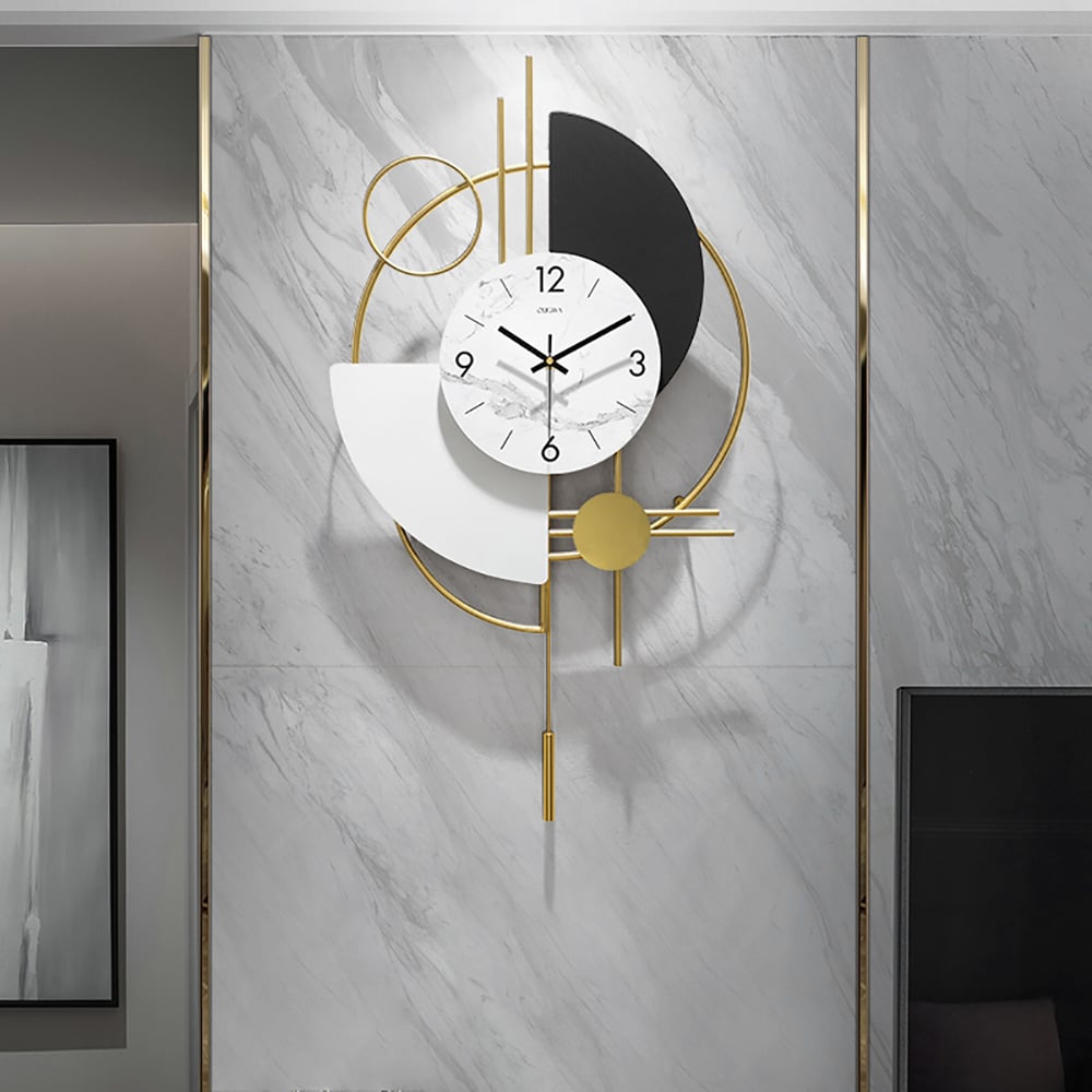 Horloge murale 3D en métal avec pendule, design rond et silencieux