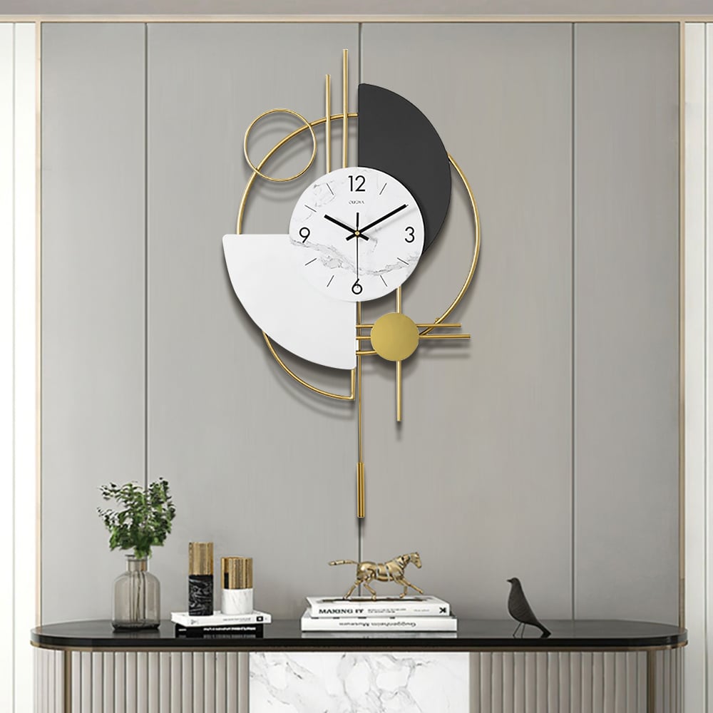 Horloge murale 3D en métal avec pendule, design rond et silencieux
