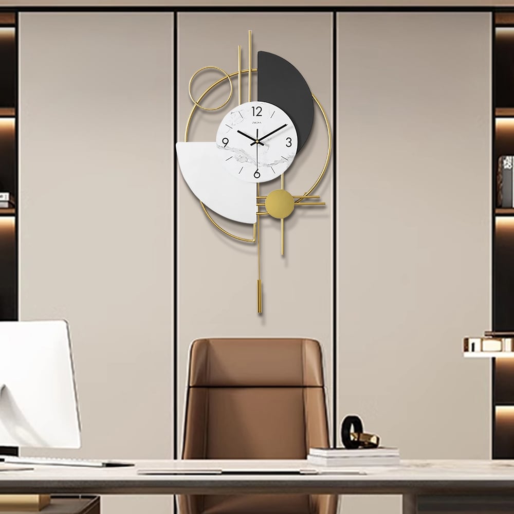Horloge murale 3D en métal avec pendule, design rond et silencieux