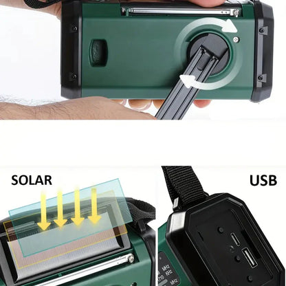 Solar-powered emergency radio, multi-functional power bank