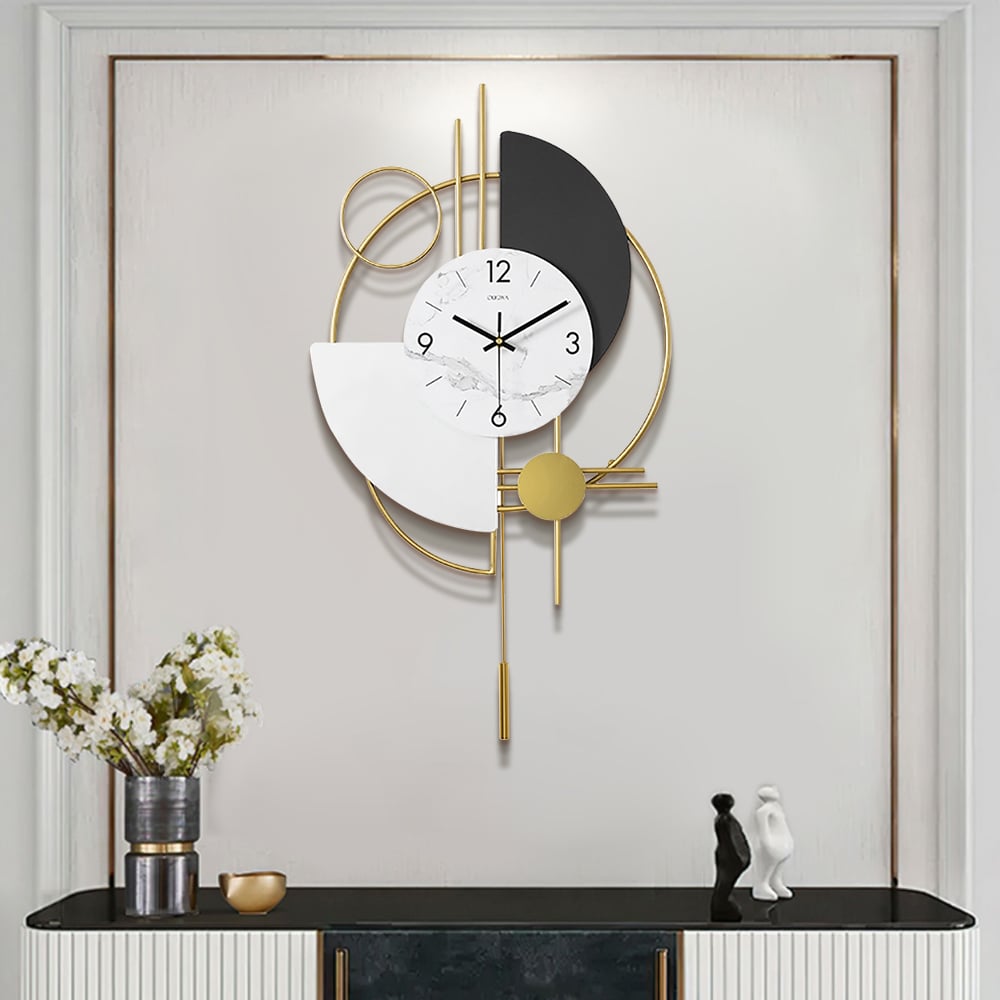 Horloge murale 3D en métal avec pendule, design rond et silencieux